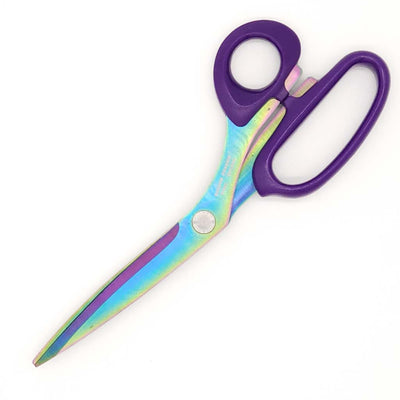 Scissors with a colourful blade and purple handle on a white background