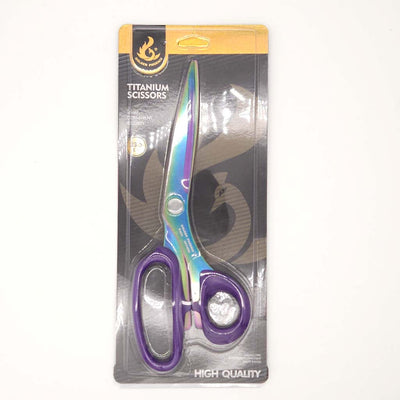 Packaged titanium scissors with a colourful handle on a white background