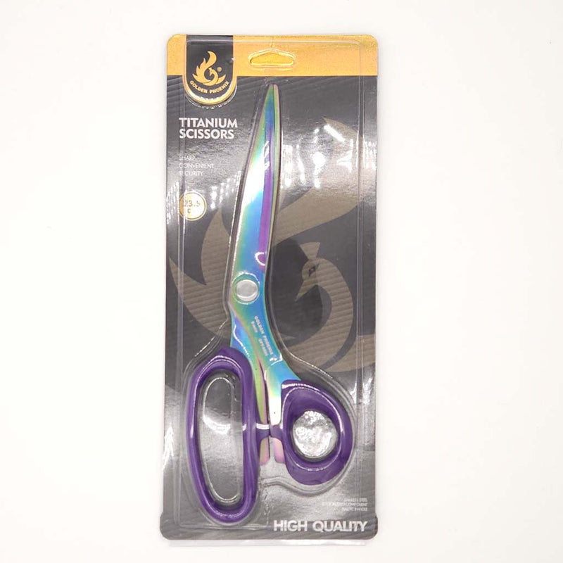 Packaged titanium scissors with a colourful handle on a white background