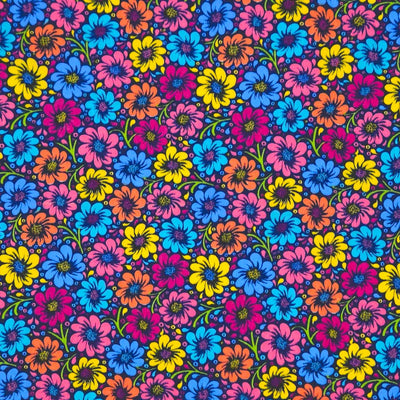 Colourful floral pattern with various flowers on a dark polycotton fabric