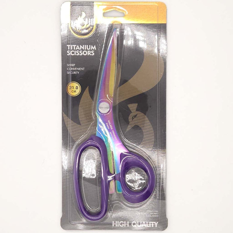 Titanium scissors with purple handles in packaging on a white background