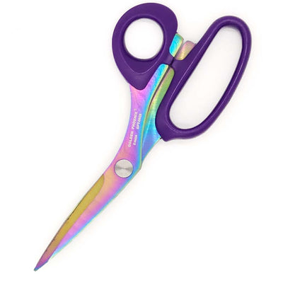 Scissors with purple handles and a rainbow blade on a white background