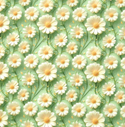 Pattern of white flowers with yellow centers on a green polycotton fabric