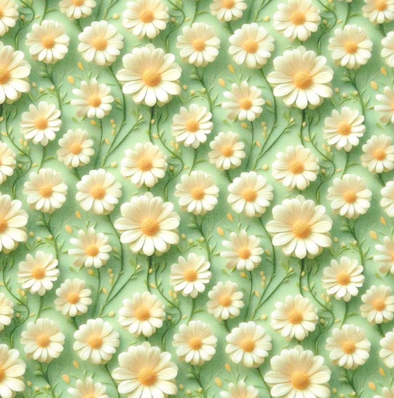 Pattern of white flowers with yellow centers on a green polycotton fabric