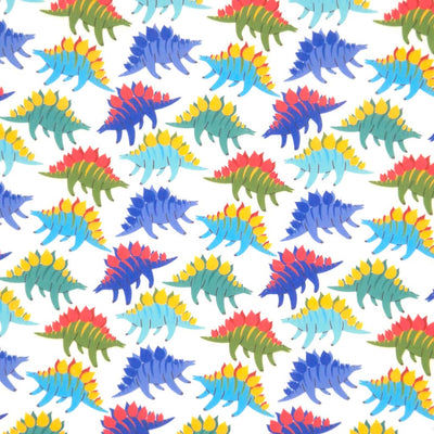 Bright blue and green dinos wearing contrasting yellow and red features on a white polycotton fabric