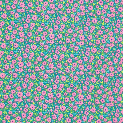 Ditsy flowers and lime green vines on a dark green polycotton fabric.