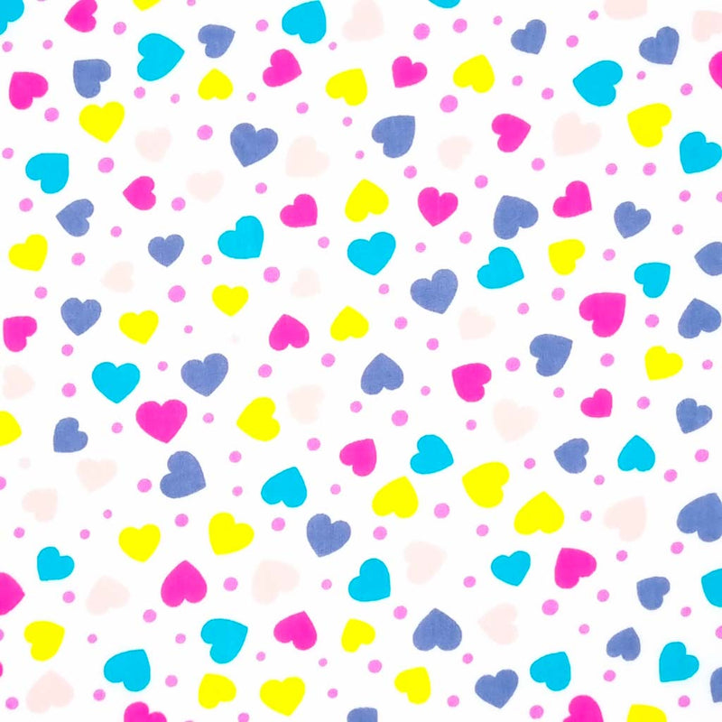 Brightly coloured ditsy hearts printed on a white polycotton fabric