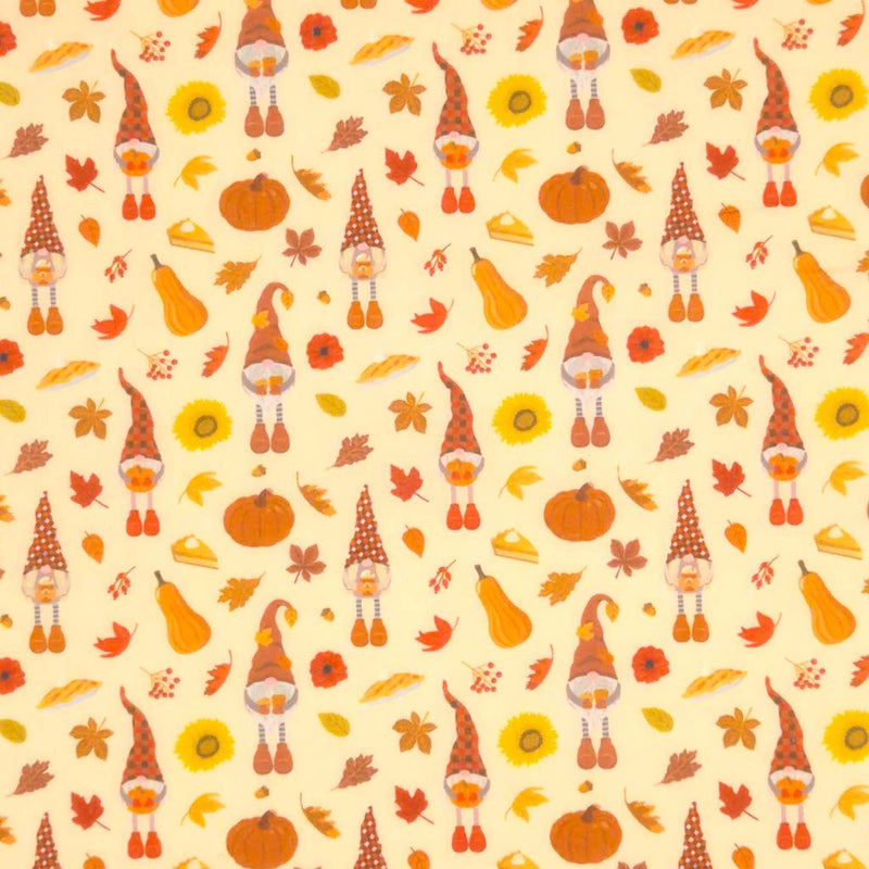 Gonks and pumpkins printed on an autumnal polycotton fabric