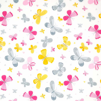 Cerise, grey and yellow butterflies printed on a white polycotton fabric