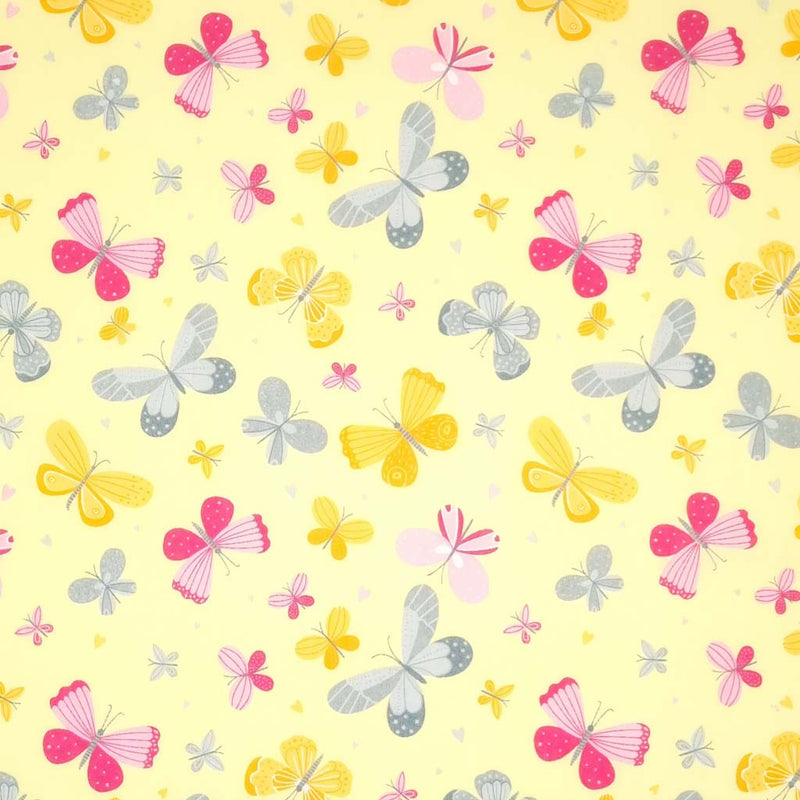 Cerise, grey and yellow butterflies printed on a yellow polycotton fabric