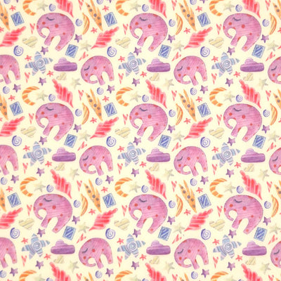 Lilac elephants printed on a cream polycotton fabric