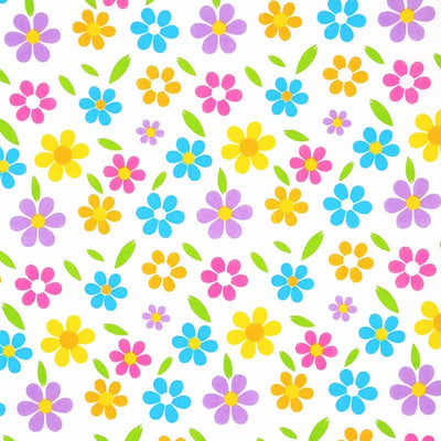 Brightly coloured flowers are printed on a white polycotton fabric