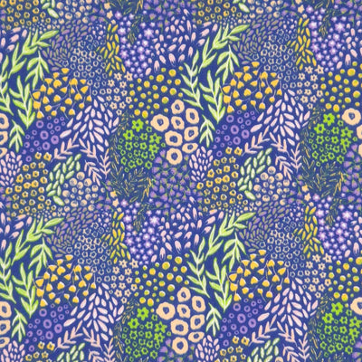Bright plants of blue and white, alongside neon green vines on a contrasting purple polycotton fabric.