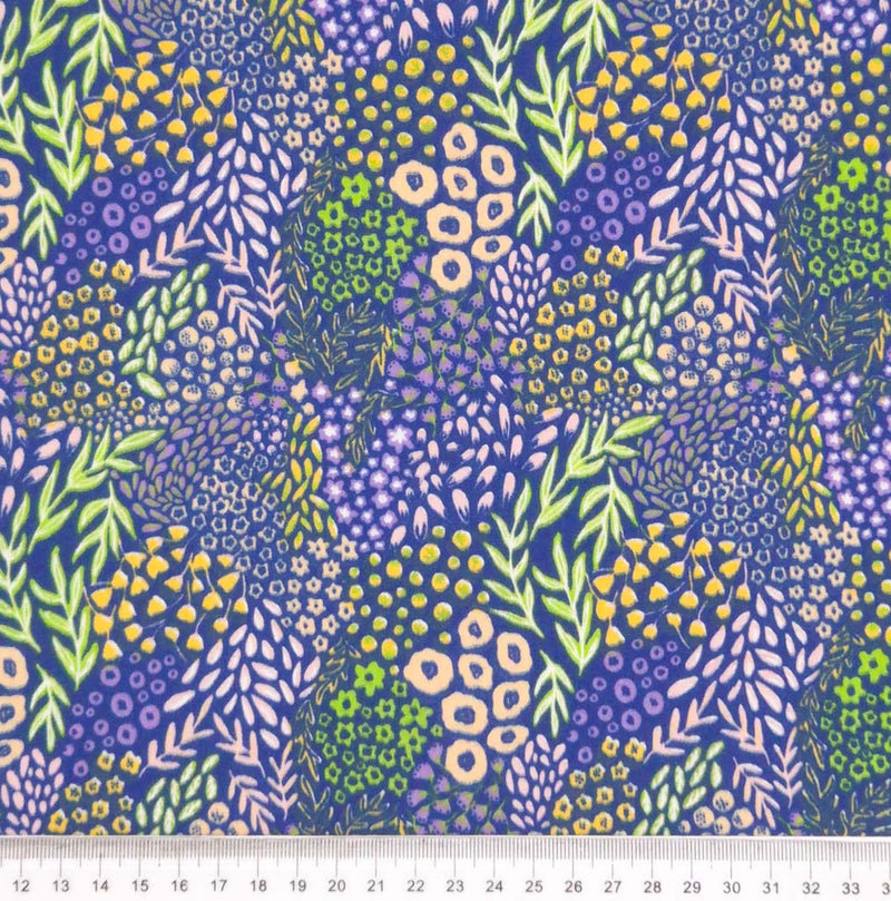 Bright plants of blue and white, alongside neon green vines on a contrasting purple polycotton fabric with a cm ruler
