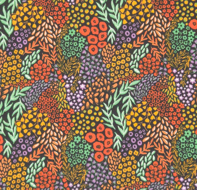Bright plants in coral yellow and oranges, alongside neon teal vines on a contrasting black polycotton fabric