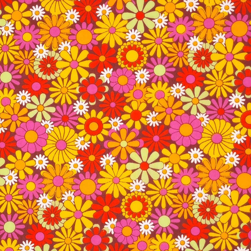 Colourful flowers with a retro vibe are printed on a brown coloured polycotton fabric