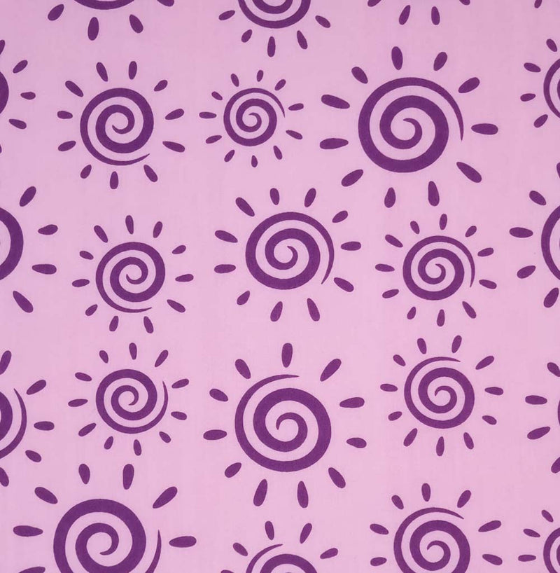 Purple swirly suns are printed on a lilac polycotton fabric