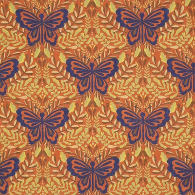 Large butterflies in purple are printed on a rust coloured polycotton fabric