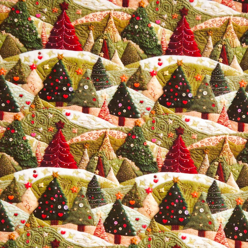 Pattern of quilted Christmas trees in various colors on a fabric background
