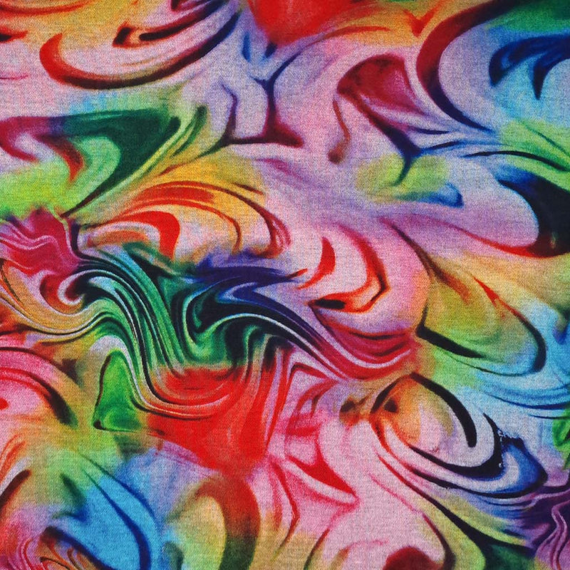 A colourful marble print on a viscose ponteroma fabric