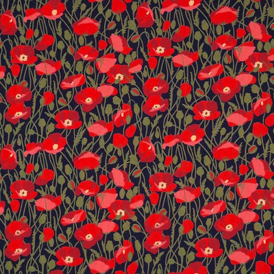 Red poppies printed on a navy cotton poplin fabric by Rose & Hubble