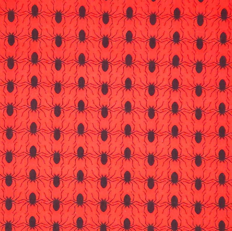 Pattern of black spiders on a red halloween polycotton fabric