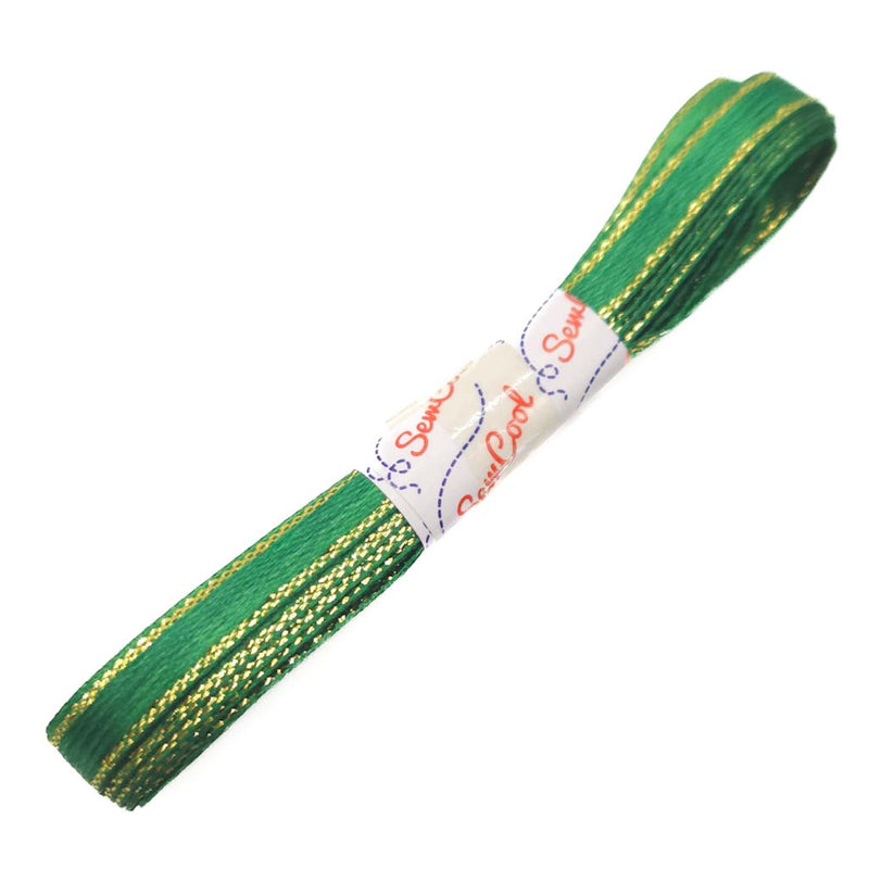 Green ribbon with gold trim on a white background