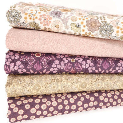 Autumnal fat quarter bundle of 5 floral designs in purple and ivory