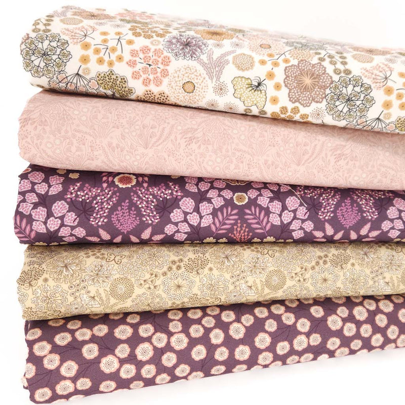 Autumnal fat quarter bundle of 5 floral designs in purple and ivory