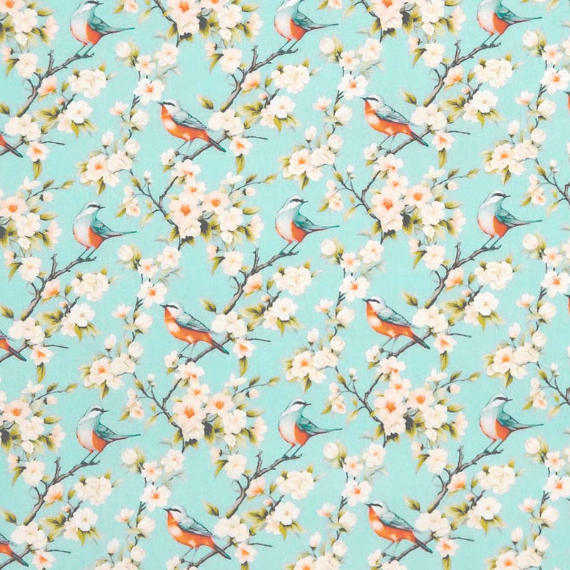 Pattern of birds and flowers on a turquoise background printed on cotton poplin fabric