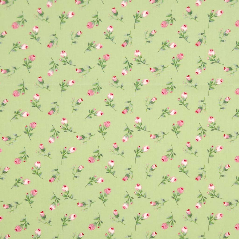 Floral pattern with pink flowers and green leaves on a sage green cotton poplin
