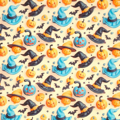 Halloween-themed pattern with pumpkins, witch hats, and bats on a beige cotton fabric