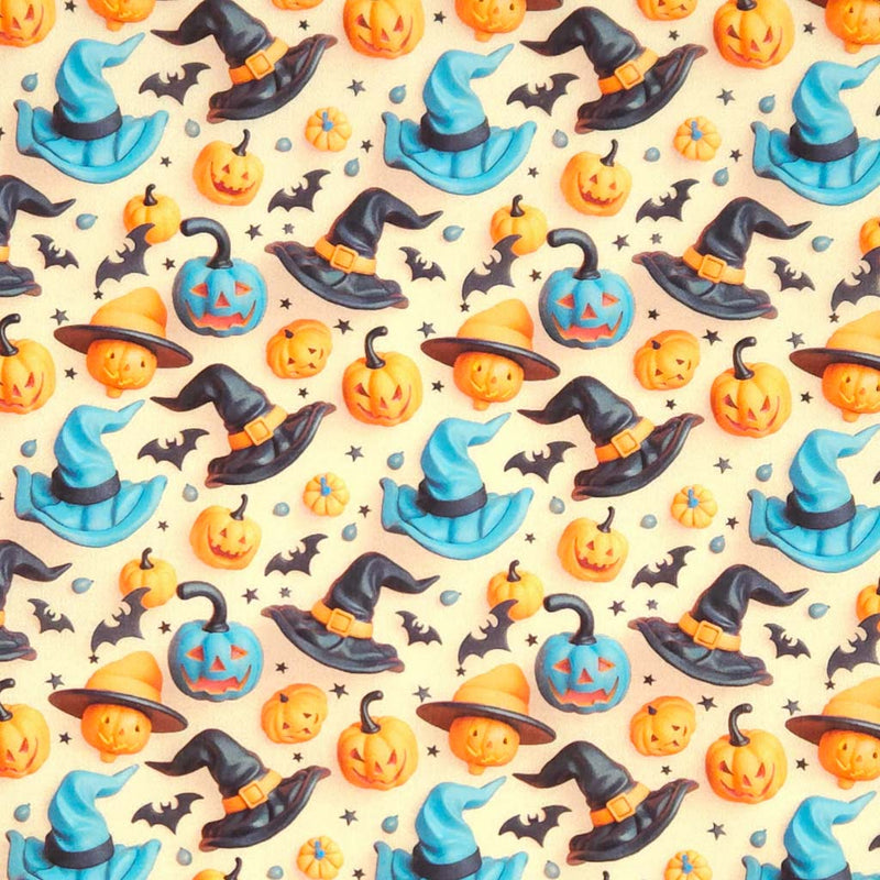 Halloween-themed pattern with pumpkins, witch hats, and bats on a beige cotton fabric
