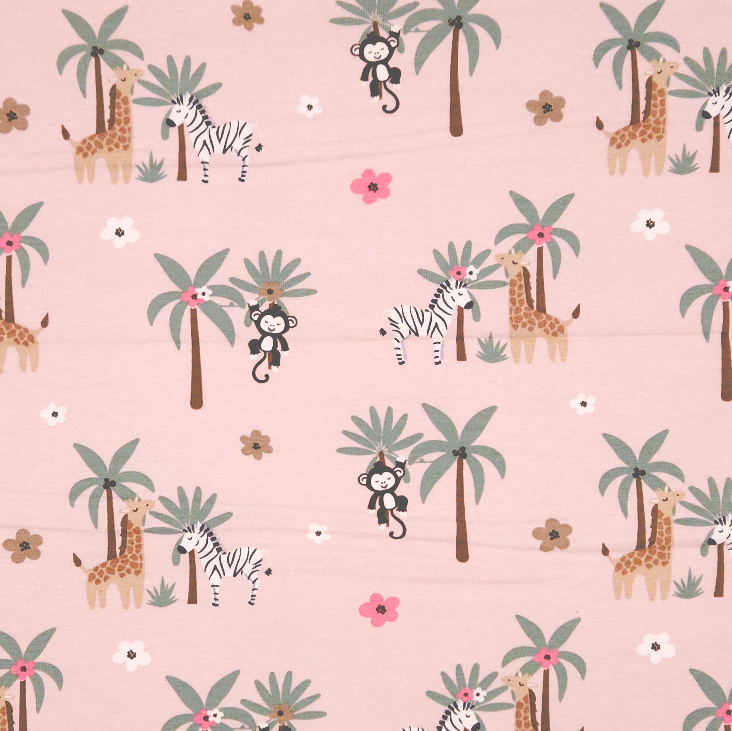 Monkeys and zebras printed on a pink cotton jersey fabric