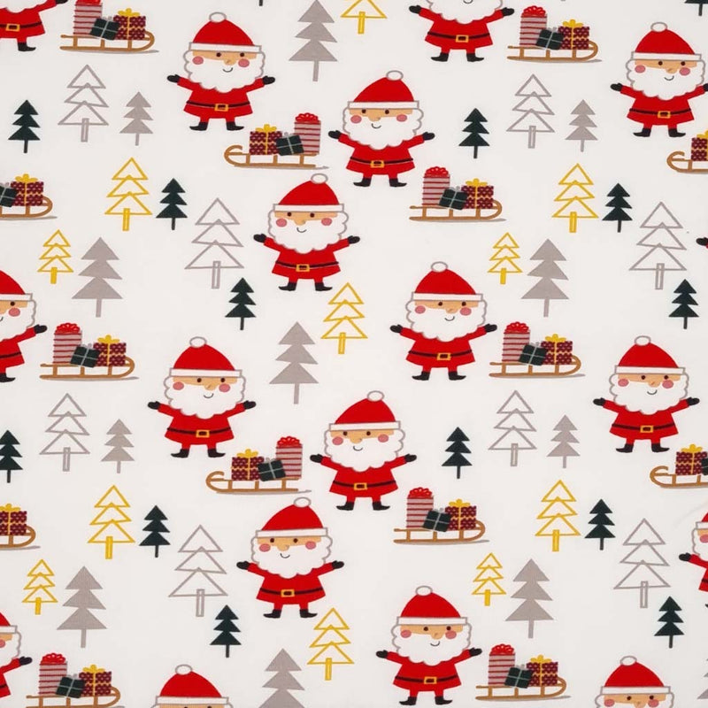 Santa and sleigh is printed on an ecru cotton jersey fabric