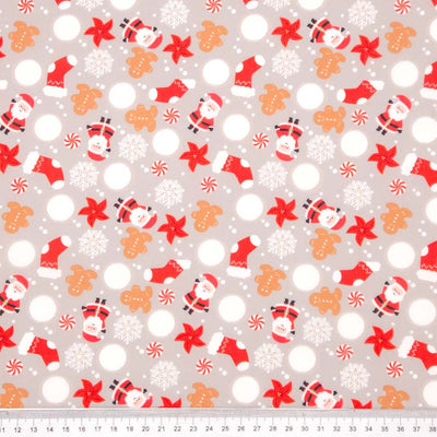 Santa, Snowball & Stockings  - Silver - Christmas Polycotton