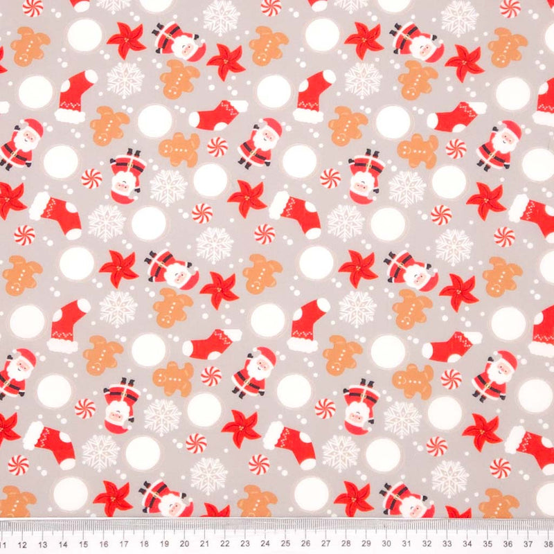 Santa, Snowball & Stockings  - Silver - Christmas Polycotton