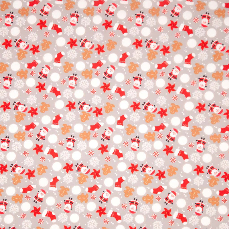 Santa, Snowball & Stockings  - Silver - Christmas Polycotton