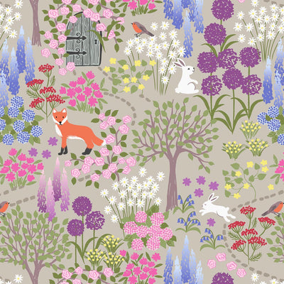 Vibrant flowers, foxes and rabbits are printed on a soft neutral cotton fabric