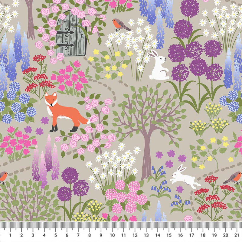 Vibrant flowers, foxes and rabbits are printed on a soft neutral cotton fabric with a cm ruler