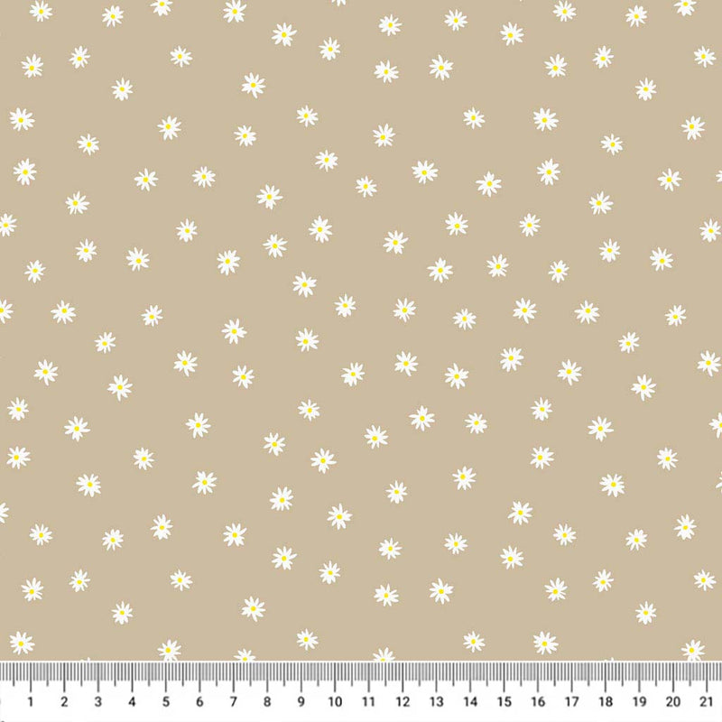 Ditsy white flowers are printed on a taupe cotton quilting fabric