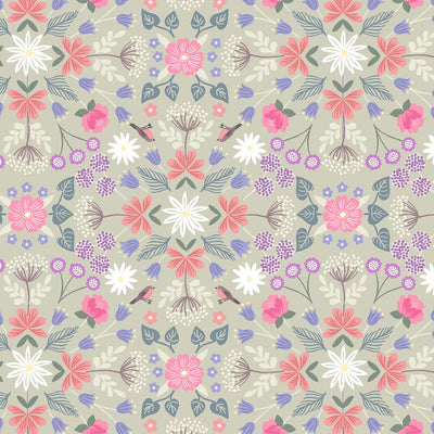 Robins and flowers are printed on a muted sage premium quilting cotton