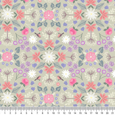Robins and flowers are printed on a muted sage premium quilting cotton with a cm ruler