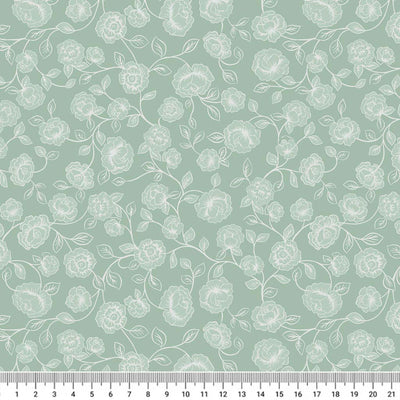 A pretty floral blender of roses printed on a sage premium quilting cotton with a cm ruler