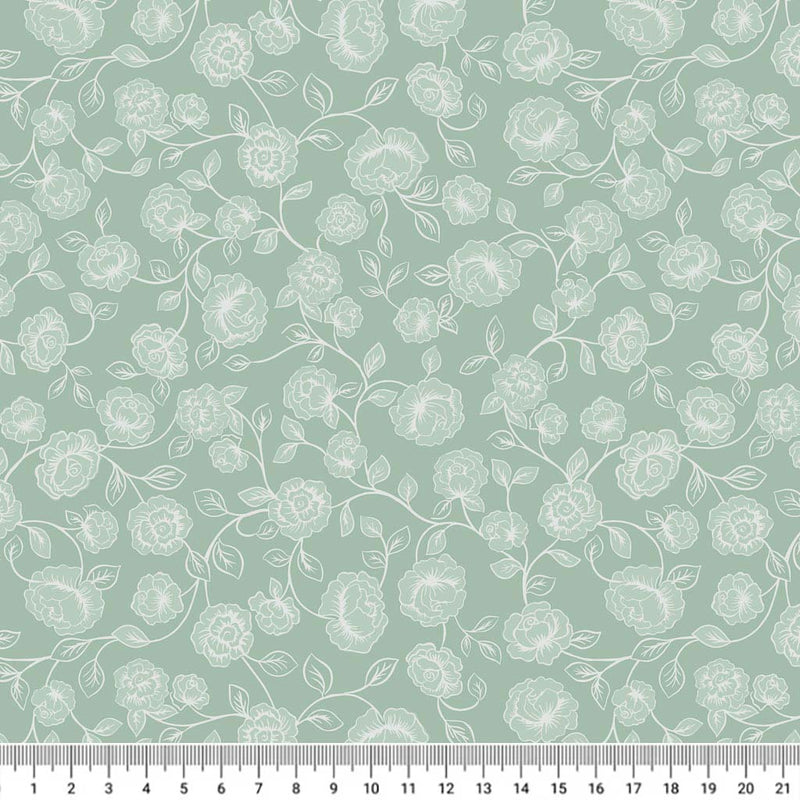 A pretty floral blender of roses printed on a sage premium quilting cotton with a cm ruler