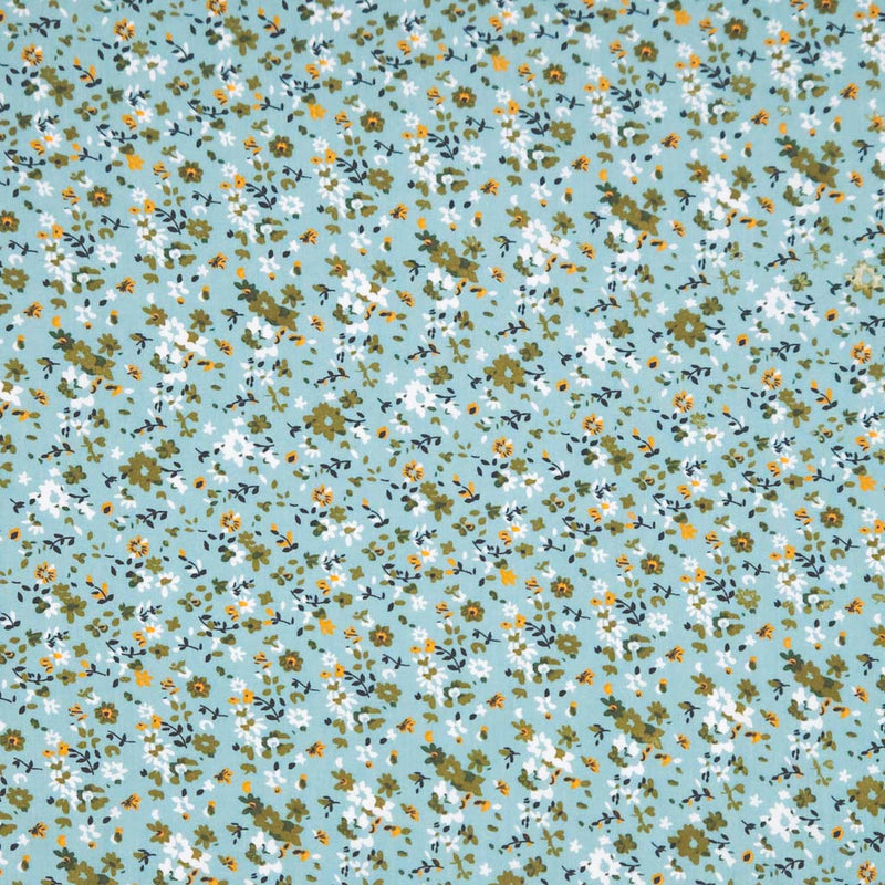 Floral pattern with small flowers on a duck egg viscose fabric