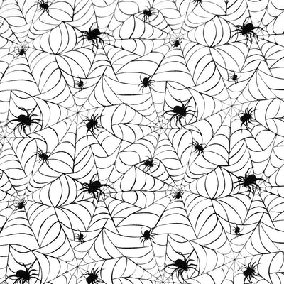 Pattern of spider webs and spiders on a white background