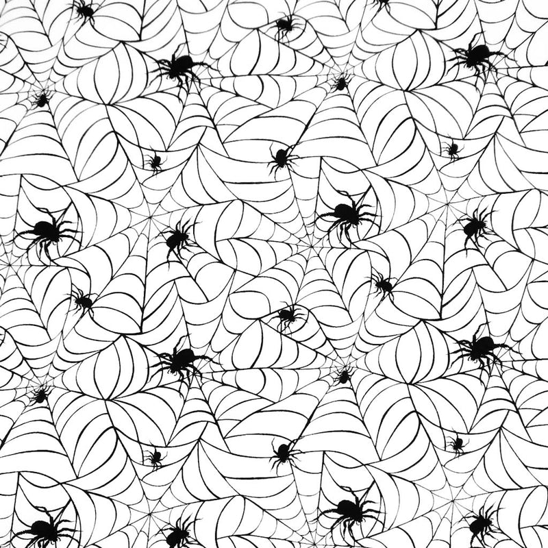 Pattern of spider webs and spiders on a white background