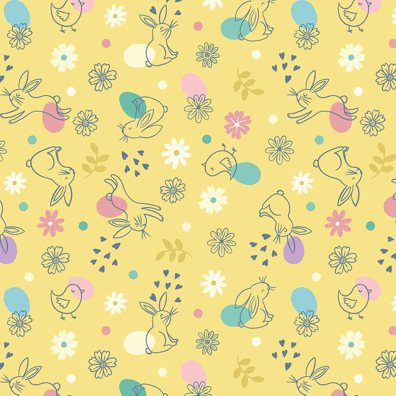 Easter bunnies, chicks and eggs are printed on a yellow cotton fabric