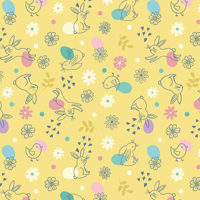 Cute Easter chicks and bunnies with easter eggs printed on a yellow 100% cotton